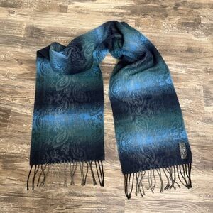 Cejon Blue Green Ombre Paisley Fringe Made In Italy Scarf